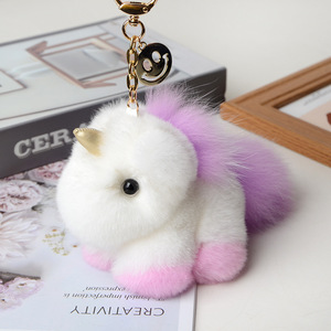 Lujo Real Rex piel <span class=keywords><strong>de</strong></span> conejo unicornio juguetes llaveros felpa Pony colgante bolsa coche llavero mujeres señoras llaveros muñeca regalo <span class=keywords><strong>de</strong></span> cumpleaños - Product Image 4