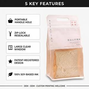 Sachet Doypack Refermable en Film Blanc Mat avec Fenêtre Transparente et Poignée Perforée, Qualité Alimentaire, Impression Personnalisée pour Pain de mie, Pâtisseries et Snacks - Product Image 2