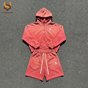 Custom Oversized Hoodie Set Streetwear Summer <b>Tracksuit</b> Men's Zip up Acid Wash Fleece Hoodie and Embroidered Short Two Piece Set - Product Image 2