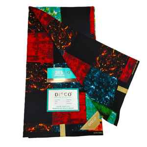Tissu batik <span class=keywords><strong>africain</strong></span> DISCO, base noire, motifs carrés rouges et bleus, effet flamme. Article en stock, prêt pour livraison immédiate. - Product Image 1