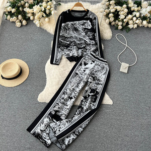 LE4212 Completo Stampato in Maglia Atmosfera Autunno e Inverno Nuovo da <span class=keywords><strong>Donna</strong></span> con Maglione Girocollo e Pantaloni a Gamba Larga Due Pezzi - Product Image 1