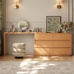 XHA Modern Oak Solid Wood Makeup Vanity with Storage Cabinet and Lighted <b>Mirror</b> for Bedroom - Product Image 2