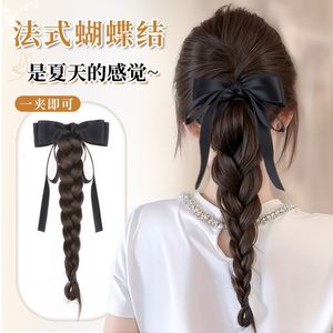 Ribbon Bow Braided Ponytail Hair Clip Full <b>Back</b> Head Accessory For Miss High Temperature Wire Hand Knitted Duckbill Clip Style - Product Image 6
