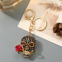Porte-clés Crâne en Strass avec Rose dans la Bouche, Breloque Tête de Squelette d'Halloween, Anneau de Clés de Voiture, Pendentif de Sac à Main