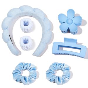 طقم من 7 قطع من ربطة شعر إسفنجية منتفخة وملتوية لغسل الوجه مع أساور معصم، عصابة رأس للمكياج غير قابلة للانزلاق، إكسسوارات شعر للنساء والفتيات - Product Image 2