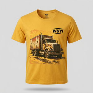 เสื้อยืดลายกราฟิกวินเทจสำหรับผู้ชาย ผ้าฝ้าย 100% เนื้อหนา พิมพ์ลายรถบรรทุกสไตล์เรโทร สีเหลืองมัสตาร์ด เสื้อผ้าสตรีทแวร์ลำลองทรงโอเวอร์ไซส์ - Product Image 1