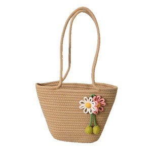 Woven Handbag Large Capacity Summer Tote Bohemian Style With Flower Stitching Horizontal <b>Square</b> Shape Everyday Use - Product Image 3