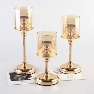豪华现代复古金属玻璃烛台玻璃灯笼婚礼装饰蜡烛罐