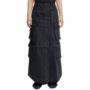 Rok Maxi Kargo Denim Wanita, Rok Maxi Kargo Denim Hitam Multi Saku Modis Gaya Hip Hop Wanita Kustom