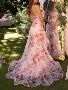 <span class=keywords><strong>Abito</strong></span> <span class=keywords><strong>lungo</strong></span> in <span class=keywords><strong>tulle</strong></span> floreale <span class=keywords><strong>rosa</strong></span> personalizzato da donna, vestito <span class=keywords><strong>lungo</strong></span> con scollo a V e spalline sottili OEM/ODM per il commercio all'ingrosso - Product Image 2