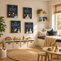 Lot de 4 tableaux muraux pour enfants sur le thème de l'espace, encadrés or, avec messages 'Be Kind', 'Be Brave', 'Be Curious', impressions sur toile, décoration de luxe pour chambre d'enfant
