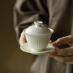 Ding Kiln White Lotus Petal Three Piece Covered Bowl <b>Teacup</b> Porcelain Gaiwan For Kung Fu Tea Set Household Use - Product Image 1