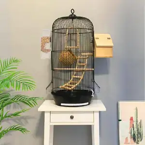 Fornecimento de fábrica Tamanho Grande Vôo Coração Em Forma De Pó Revestido Black Metal Carry Criação Gaiolas Grande Fio Pet Parrot Bird Cage