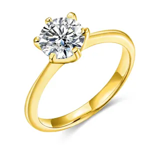 Somen แหวนเงิน925,ชุบทอง14K,1กะรัต Solitaire รอบ5A CZ ผู้หญิงหมั้นวงหกง่ามแหวน Size3-Size12