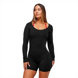Women's Black <b>Long</b> <b>Sleeve</b> O Neck <b>Bodysuit</b> Jumpsuit High Waist Tummy Control <b>Shapewear</b> Shorts Gym Romper - Product Image 1