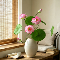 Tige de lotus artificielle en EVA au toucher réel, bourgeon de feuille de lys d'eau artificiel fait main, ornement floral blanc et rose pour vase zen asiatique et décoration de table