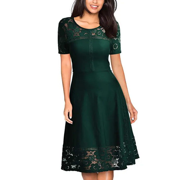 New Style Women's Vintage 1950s Floral Lace Contrast Elegant Cocktail Swing Evening Dress