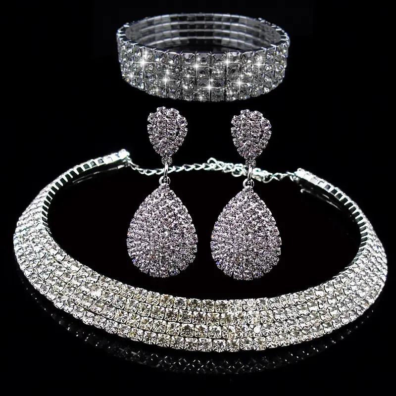 DAIHE 패션 크리 에이 티브 전체 다이아몬드 다층 칼라 웨딩 칼라 체인 팔찌 워터 드롭 귀걸이 3 조각 세트