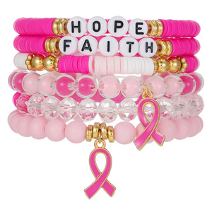 Faith Hope Breast Cancer Awareness <b>Bracelet</b> For Women Pink <b>Beaded</b> Polymer Clay Jewelry Gift Set - Product Image 5