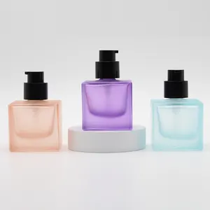 Матовое стекло, пурпурная бутылка для основы под макияж, 1 унция/30 мл, матовая, оранжевая, синяя, квадратная, стеклянная бутылка с насосом для косметики