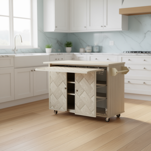 Carrello da Cucina 51.2 Pollici in Legno Massello con Impiallacciatura in Frassino, Intrecciato a Mano, con Piano Ribaltabile, Stile Costiero, Ruote e Ripiano Portaoggetti - Product Image 2