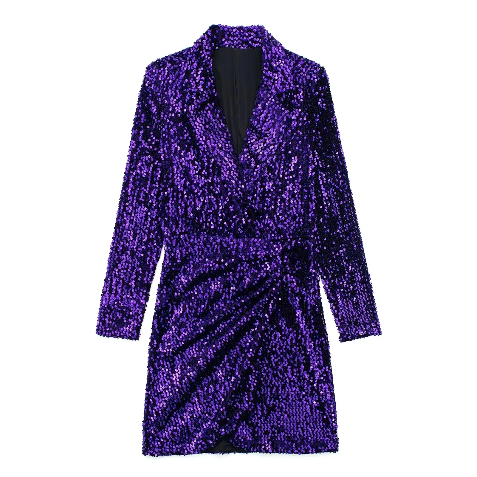 New design purple color long sleeve notched collar sequined casual ladies blazer dress