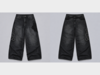 Jean en denim noir délavé sur mesure pour homme, coupe extra large, avec broderie en cordon ton sur ton et applique cloutée