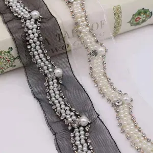 Stock wholesale fancy stone and bead lace delicate handmade pearl beaded lace decorative rhinestone lace for dress