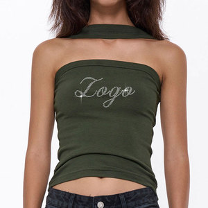 OEM Custom Logo Reverse Halter Tank <strong>Top</strong> Rhinestone Sexy Slim Fit <strong>Sparkly</strong> Women's Sleeveless Crop Green Camisoles <strong>Tops</strong> - Product Image 3