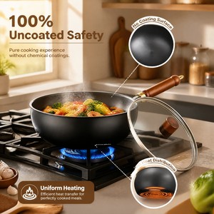 Most Popular Cast Iron Wok with Glass Lid Non-Stick No Coating Big Belly Fry Kitchen Cooking Wok <b>Pan</b> Wajan Kuali - Product Image 6