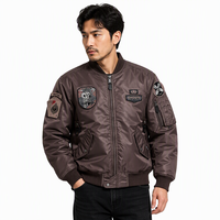 Blouson aviateur marron brodé pour homme, en nylon, avec fermeture éclair frontale, col montant côtelé, longueur standard, décontracté, pour l'hiver