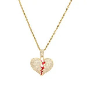 gold plated iced out diamond paved broken heart pendant necklace