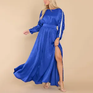 공장 아울렛 로얄 블루 맥시 드레스 라인 석 디테일링 두꺼운 열 스커트와 높은 Neckline 드레스