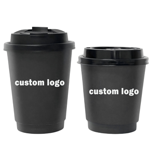 Disposable Gold Foil Stamping Black Coffee Cup Takeaway Double Wall Coffee Paper Cups with Lid