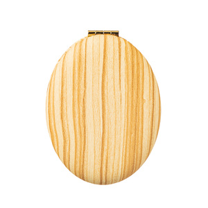 Yellow Wood Grain PU Leather Oval <b>Compact</b> <b>Mirror</b> Silver Electroplated Metal Frame Folding Dual Sided Pocket Makeup Vanity <b>Mirror</b> - Product Image 4