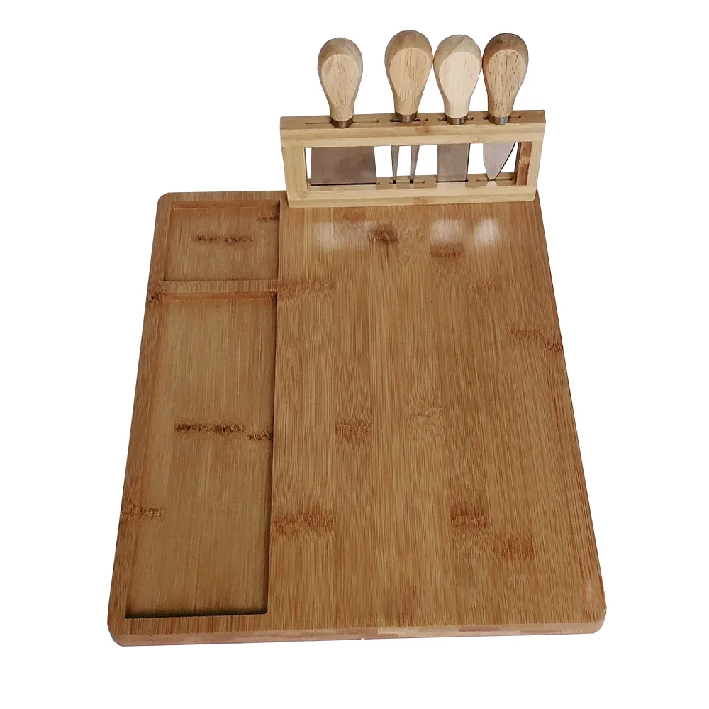 Willthy Bamboo Bread Fruit Cheese Board Butter Cutting Board Cheese Knife And Fork Set 4 Pcs