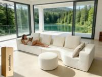 Cremeweißes, flauschiges Stoffsofa, vakuumversiegelt, modular, Ottoman, wolkenähnliche Kissen, Freizeit, modern, klein