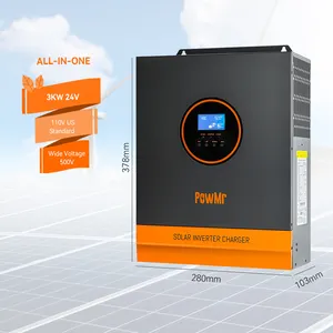 Inverter tenaga surya PowMr Off grid, Inverter tenaga surya 3KW 24V DC ke 110V AC, fase tunggal MPPT untuk sistem tenaga surya