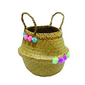 Panier de rangement coloré en feuilles de palmier naturelles avec poignées, panier de rangement multifonction en forme de bol - Product Image 1