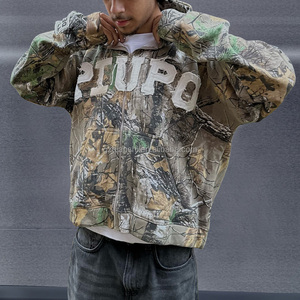 Custom Printed Patchwork Embroidery French Terry Zipper Cropped Cotton Zip <b>Hoodie</b> for Men Boxy Real Tree Camo Zip up <b>Hoodie</b> - Product Image 3