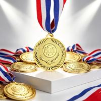 Médaille de Vainqueur Personnalisée en Or avec Ruban Rouge-Blanc-Bleu, Récompense Métallique pour Compétitions Sportives, Championnats, Médaille pour Enfants et Adultes