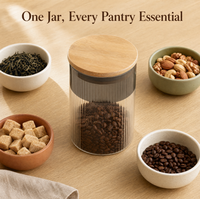 Pot de rangement en verre à double tonalité avec nervures verticales et couvercle en bois, récipient décoratif en verre pour le stockage alimentaire en cuisine, ambre et fumé