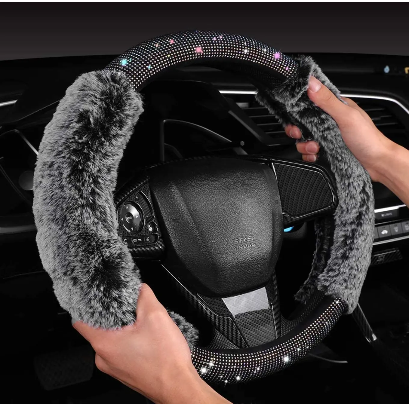 Women Fashion car decor Fluffy Bling Crystal Rhinestone Steering Wheel fur Cover Car Accessories for Women