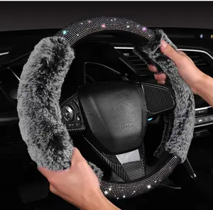 Women Fashion car decor Fluffy Bling Crystal Rhinestone Steering Wheel fur Cover Car Accessories for Women