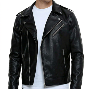 Men's Black PU Leather Moto <b>Jacket</b> Turn-down Collar Zipper Closure Regular Fit Autumn Style Solid Color <b>Biker</b> <b>Jacket</b> - Product Image 1