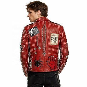 Chaqueta de Cuero Genuino para Hombre, Estilo Motero, Color <span class=keywords><strong>Rojo</strong></span>, Cuero Vacuno de Grano Completo, con Tachuelas, Parches, Apliques y Bordados, Estilo Punk Rock, Fabricación OEM - Product Image 2