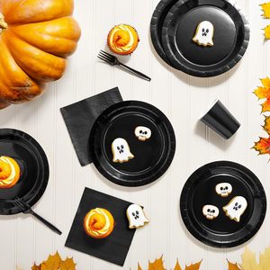 144 pièces noir fête fournitures sert 24 assiettes en papier noir jetables serviettes tasses couverts idéal fête Table décorations - Product Image 4