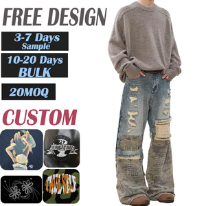 Pantalon en jean camouflage bleu patchwork déchiré et <span class=keywords><strong>troué</strong></span> pour homme, style camouflage, avec empiècements, délavage acide bleu clair, prix abordable, personnalisable - Product Image 1