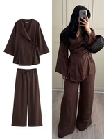 Setelan 2 Potong Baju Kimono Kasual Musim Panas Berbahan Linen, Atasan Longgar Berenda dan Celana Kaki Lebar untuk Wanita, Pakaian Santai yang Bernapas