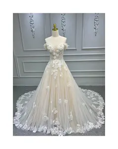 럭셔리 신부 볼 가운 웨딩 드레스 섹시한 끈이없는 긴 꼬리 플랫 숄더 웨딩 원피스 여성 3D 꽃 웨딩 원피스
